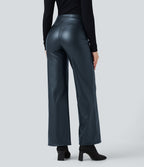 Pantalon similicuir évasé gainant taille haute stretch avec poches