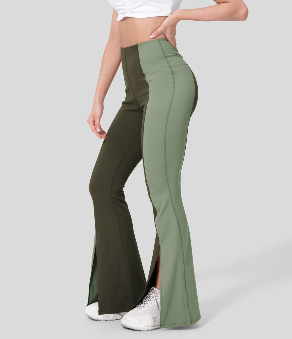 Pantalon Casual Évasés Taille Haute Contrôle du Ventre Ourlet Fendu et Color Block