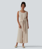 Combinaison casual aspect lin col rond échancré sans manches avec nœud frontal et poches – Easy Peasy