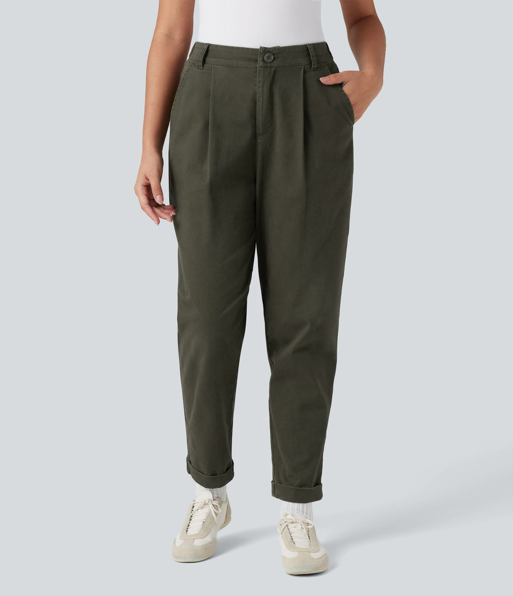 Pantalon chino coton fuselé taille haute avec poches