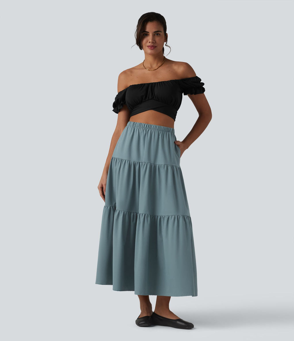 Jupe midi trapèze taille haute en popeline extensible avec poches