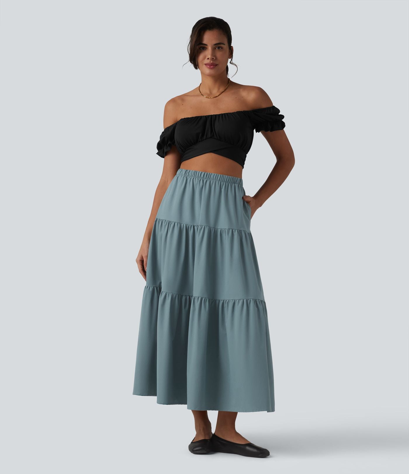 Jupe midi trapèze taille haute en popeline extensible avec poches