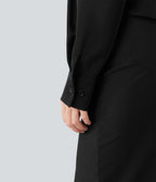 Chemise esprit bureau défroissage facile, col V, dentelle contrastée, manches longues, lien au dos et détail torsadé