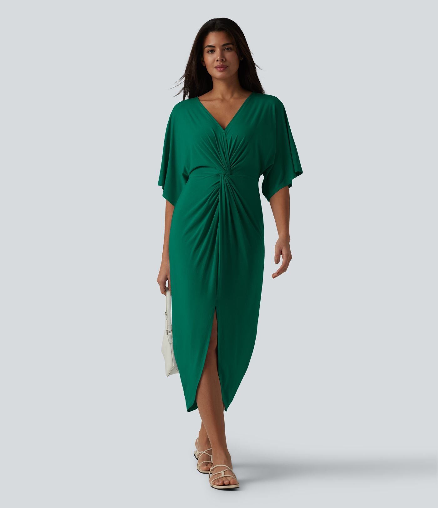 Robe midi col V manches chauve-souris ourlet tulipe torsadé