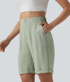 Bermuda casual taille haute aspect lin ourlet roulotté avec poches