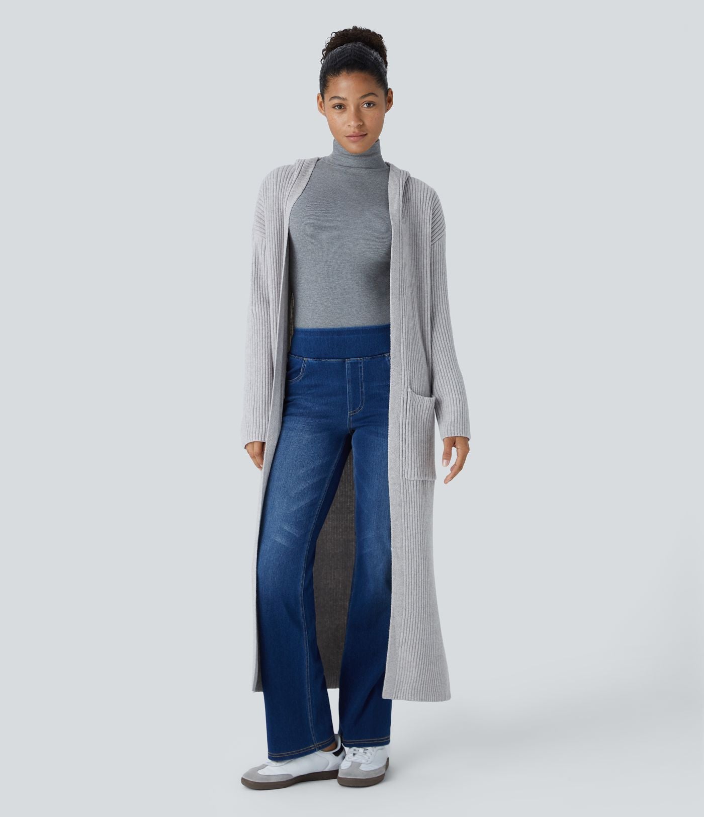 Cardigan long casual à capuche, manches longues et poches
