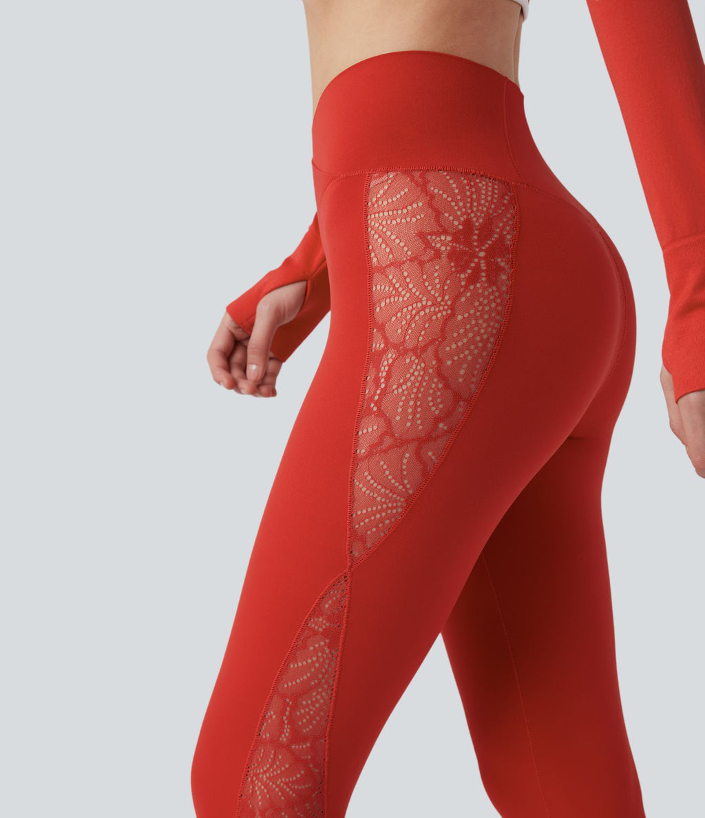 Softlyzero™ Legging Yoga 7/8 Taille Haute avec Poche au Dos Découpe Croisée et Dentelle Contrastante