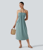 Robe midi de plage à col halter avec brassière intégrée, lien noué au dos et poches