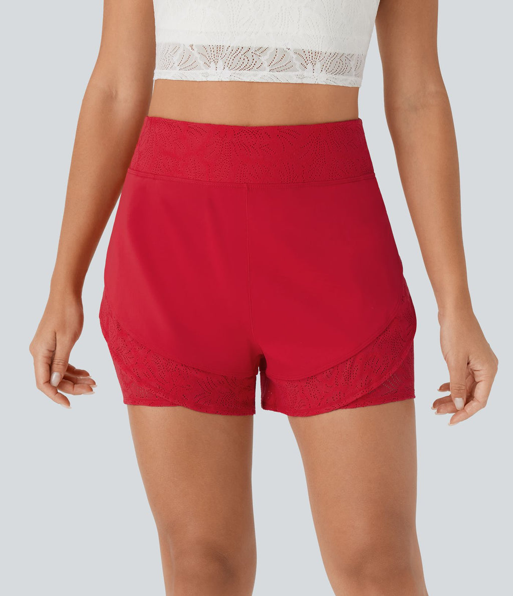 Short de yoga 2-en-1 SoftlyZero™ Airy à taille haute avec poche latérale, dentelle contrastante et effet frais InstantCool, protection solaire UPF50+