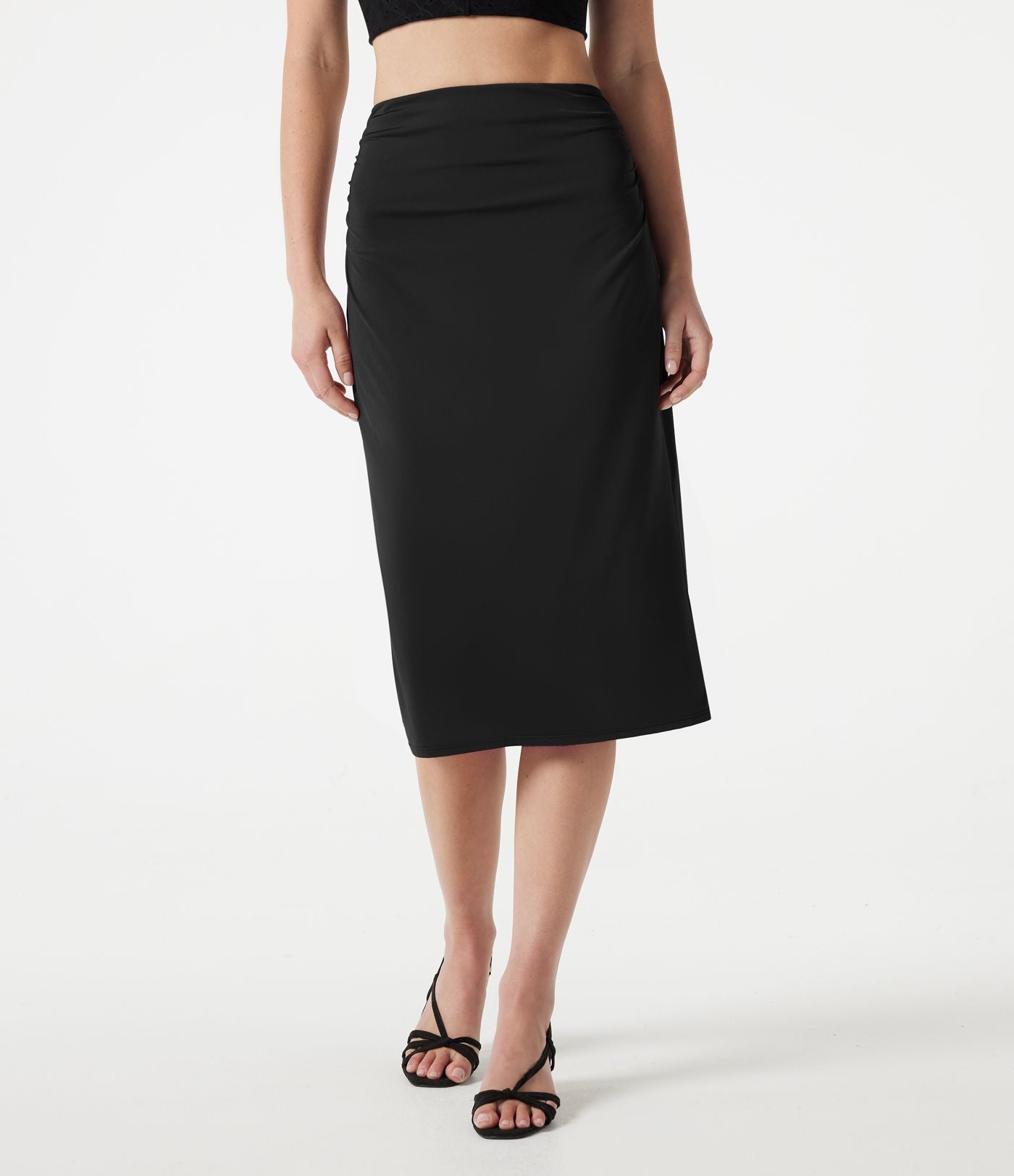 Jupe crayon midi décontracté taille haute extensible aspect satiné à effet frais InstantCool avec fronces