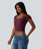 T-shirt crop décontracté côtelé dos nu à nouer avec soutien-gorge intégré manches courtes