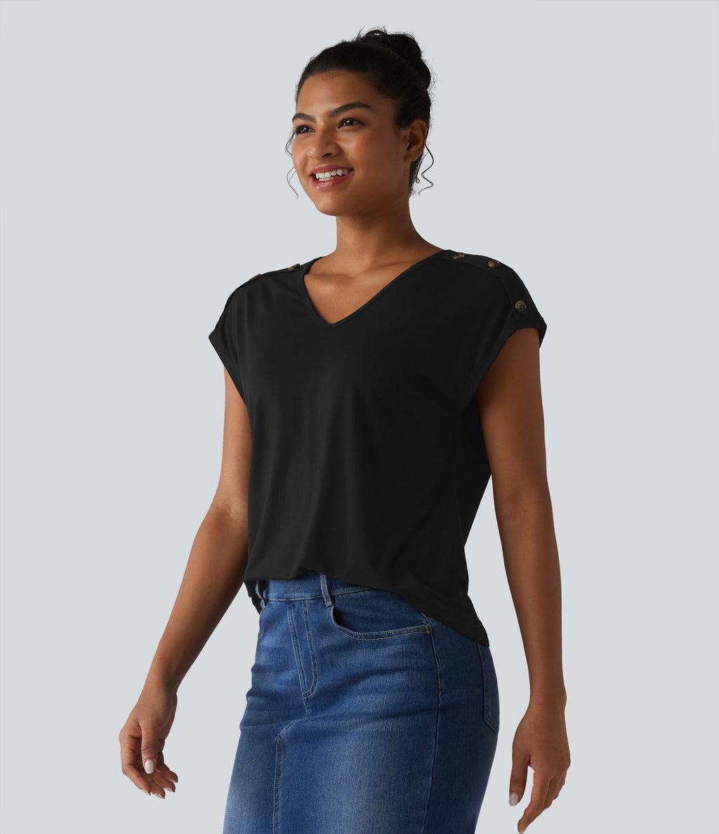 T-shirt décontracté col V manches courtes boutons décoratifs