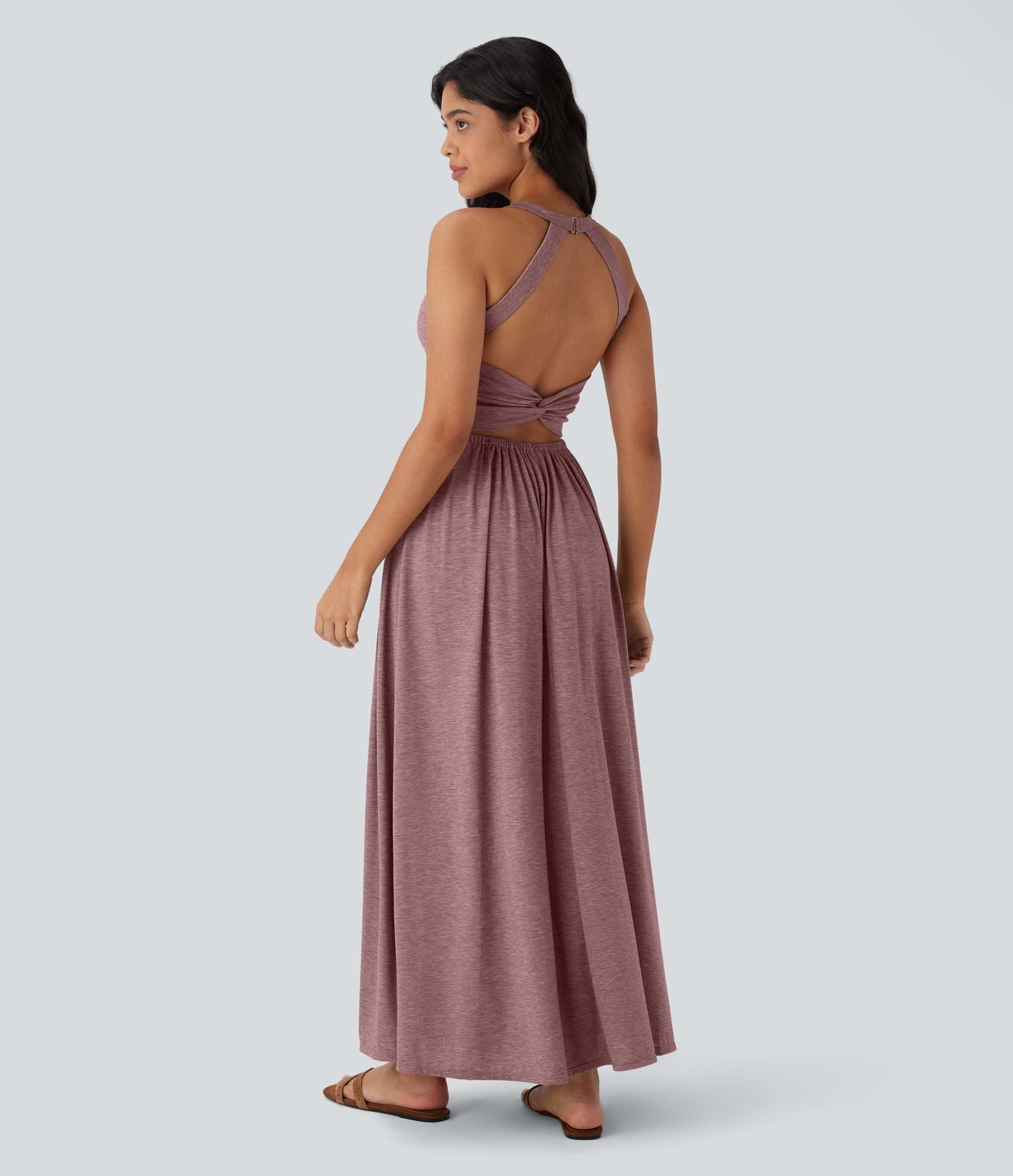 Robe longue fluide fendue avec poches latérales, dos nu et effet torsadé