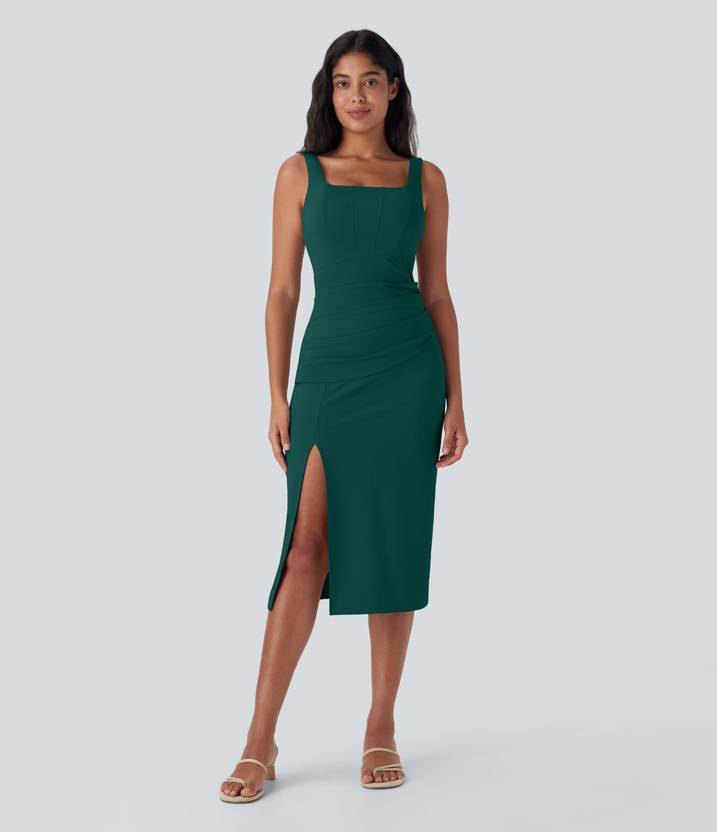 Robe moulante mi-longue SoftlyZero™ Airy col carré corset froncée effet frais InstantCool, bonnets E-G