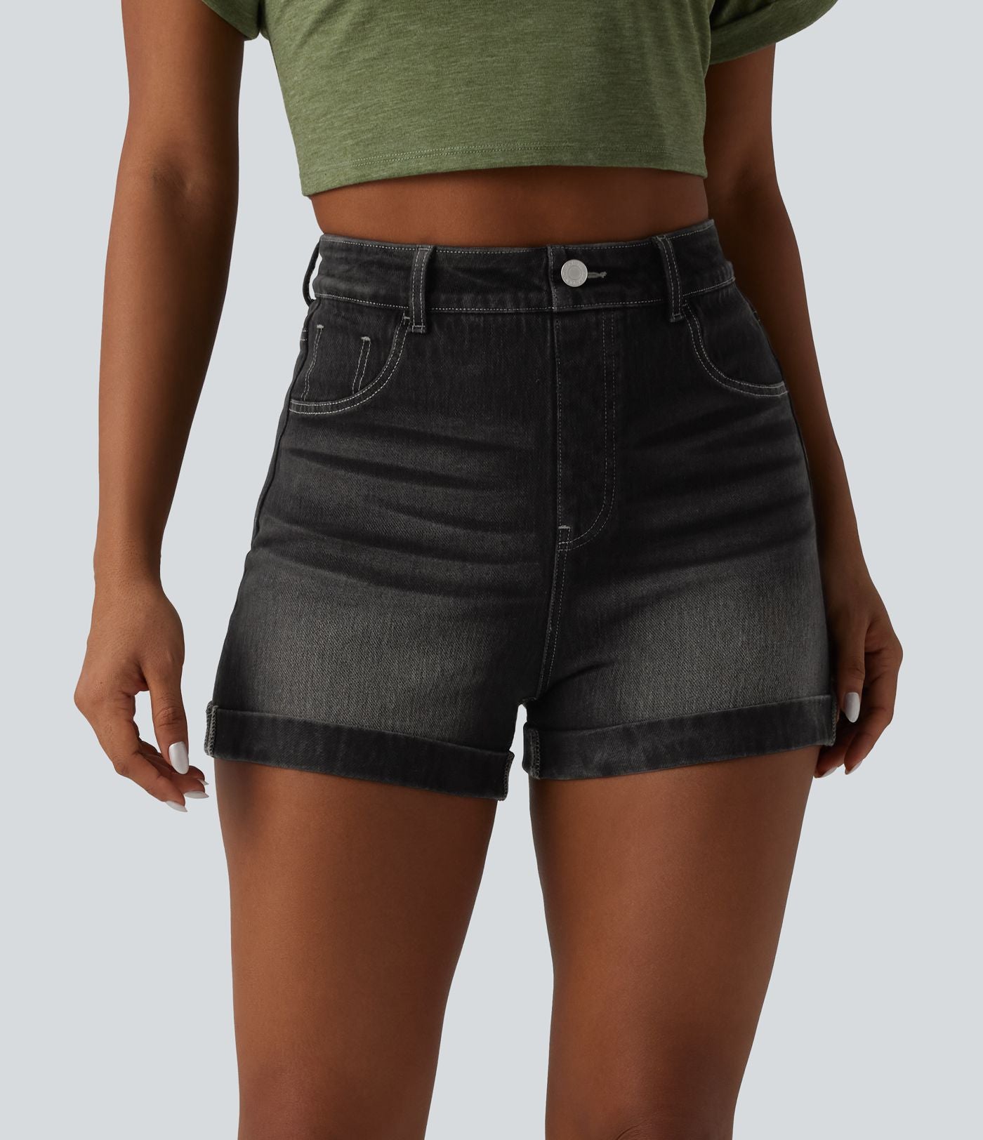 Short denim décontracté Halara Flex™ gainant taille haute ourlet roulotté avec poches