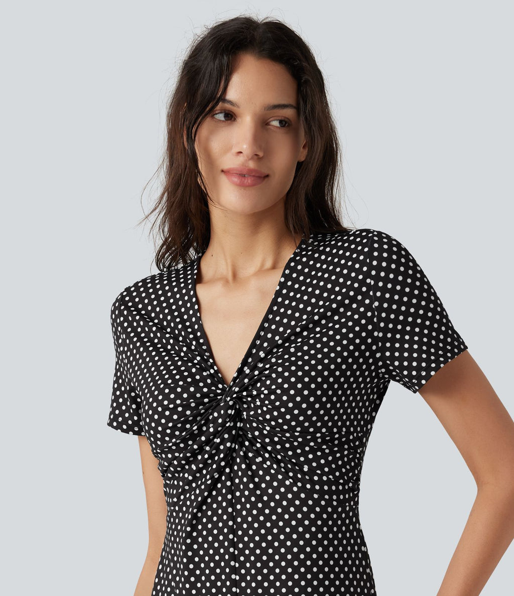 Robe midi décontractée à pois, col V, manches courtes