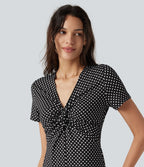 Robe midi décontractée à pois, col V, manches courtes