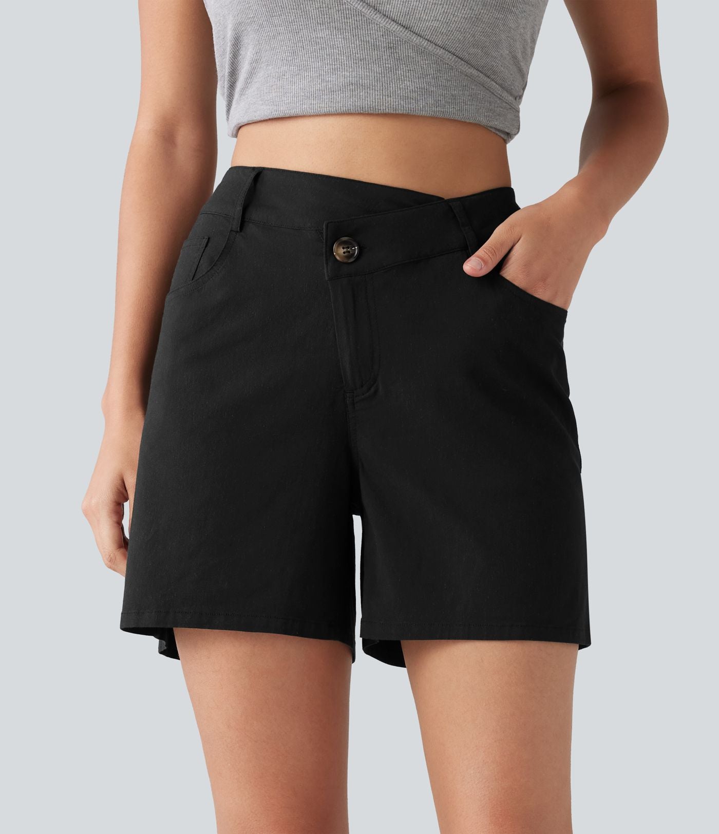 Short taille haute croisé décontracté en lin stretch 12,5 cm avec poches