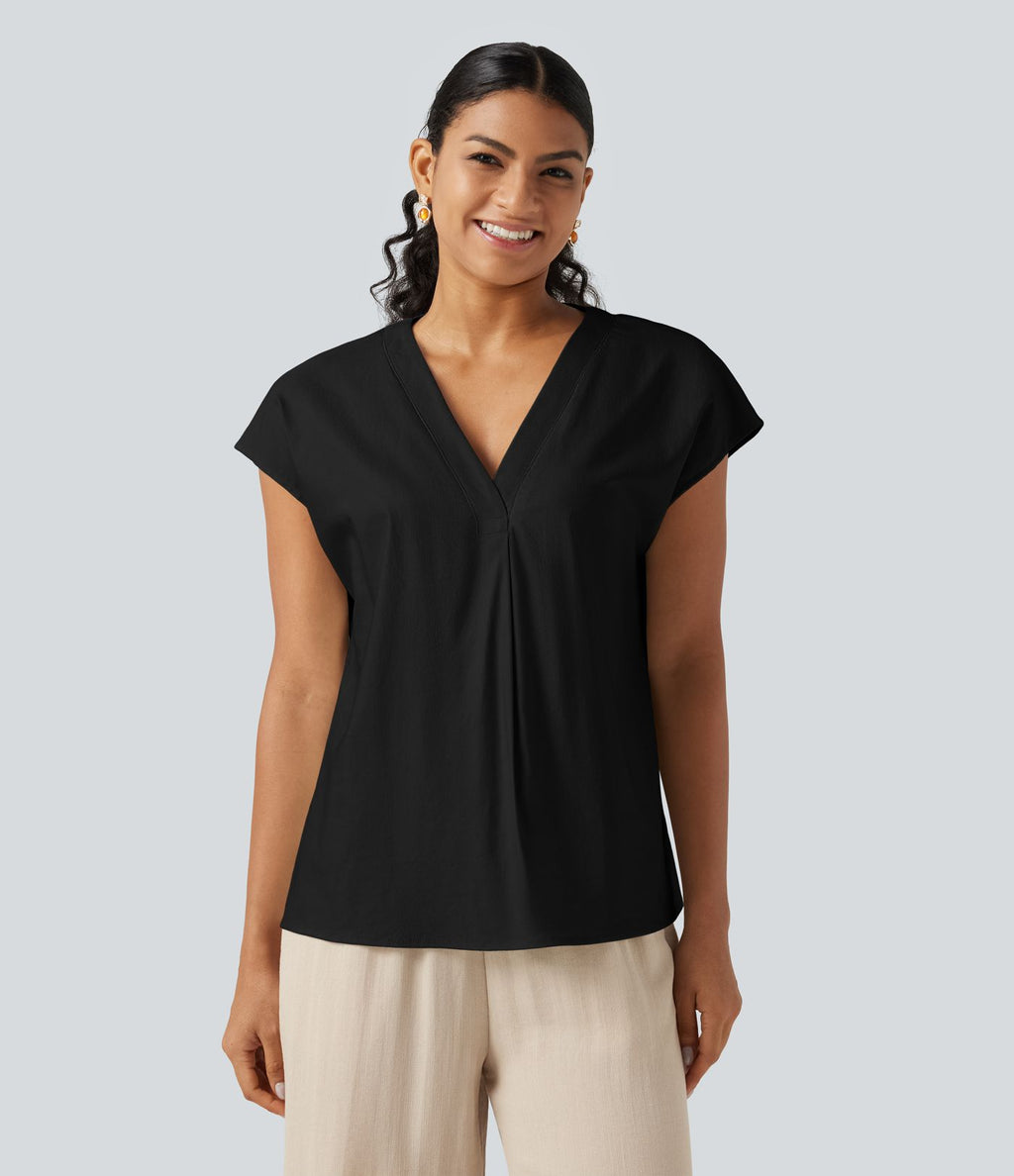 Blouse décontractée col V à mancherons en coton et lin