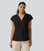 Blouse décontractée col V à mancherons en coton et lin