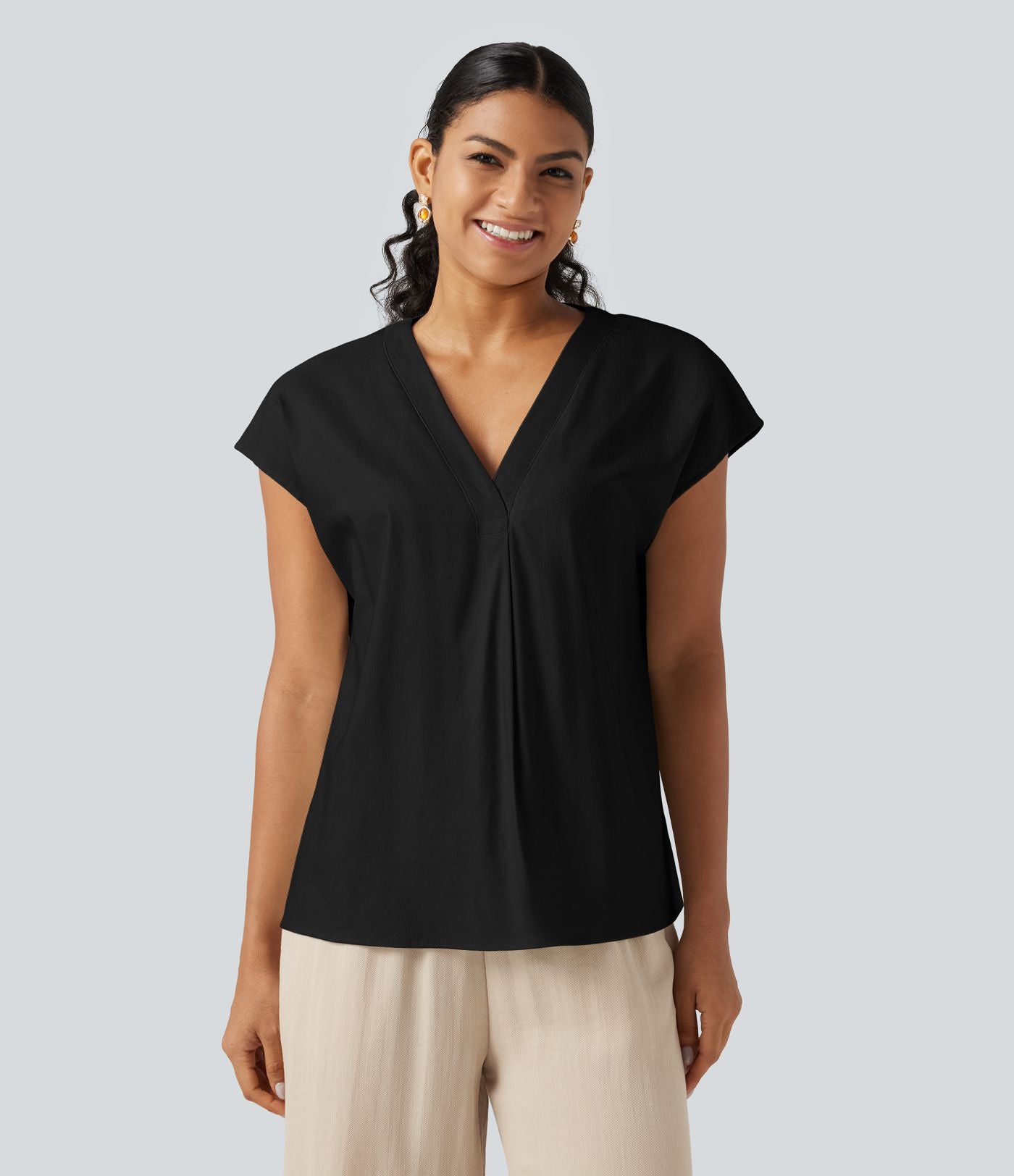 Blouse décontractée col V à mancherons en coton et lin
