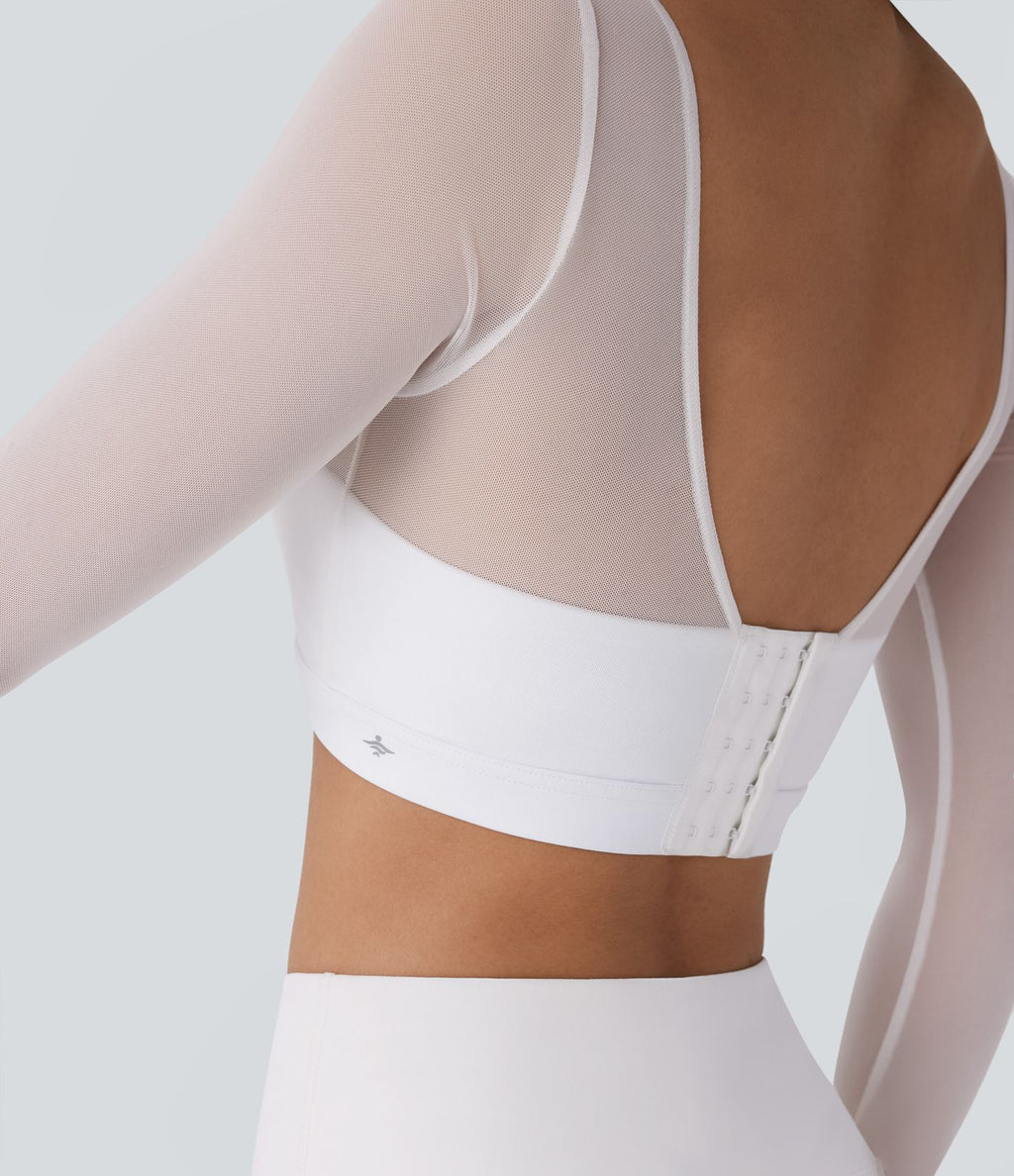 Haut de sport yoga crop top 2-en-1 avec col licou, dos nu, manches longues, passe-pouces et mesh contrastant