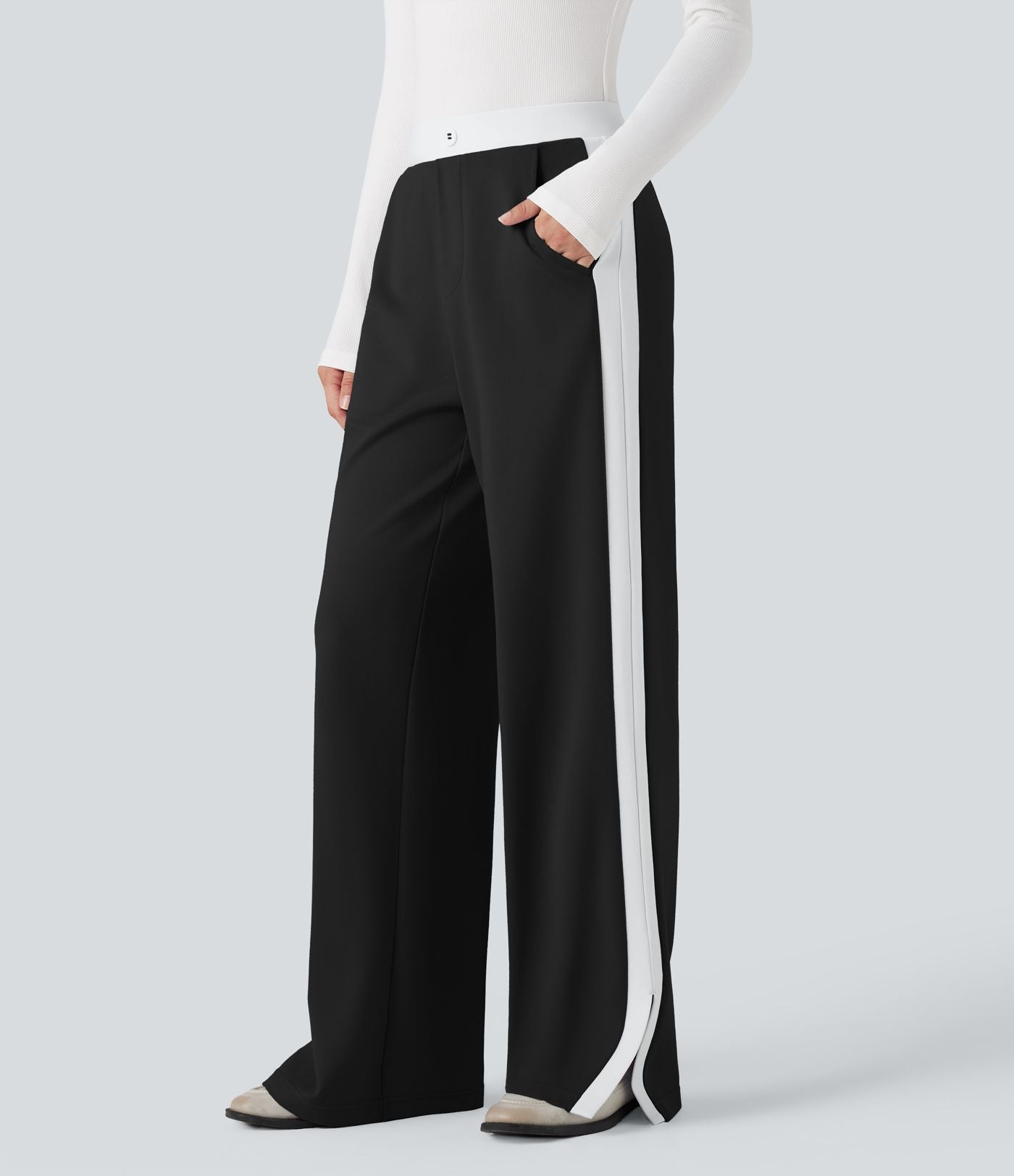 Pantalon de travail coupe droite taille moyenne color block avec fente avec poches