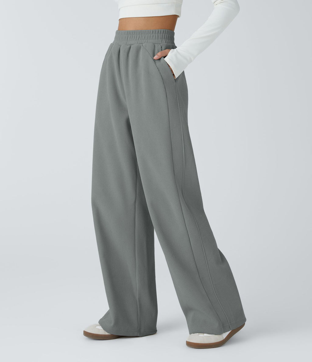 Pantalon velours côtelé de jogging décontracté à taille haute avec poches latérales