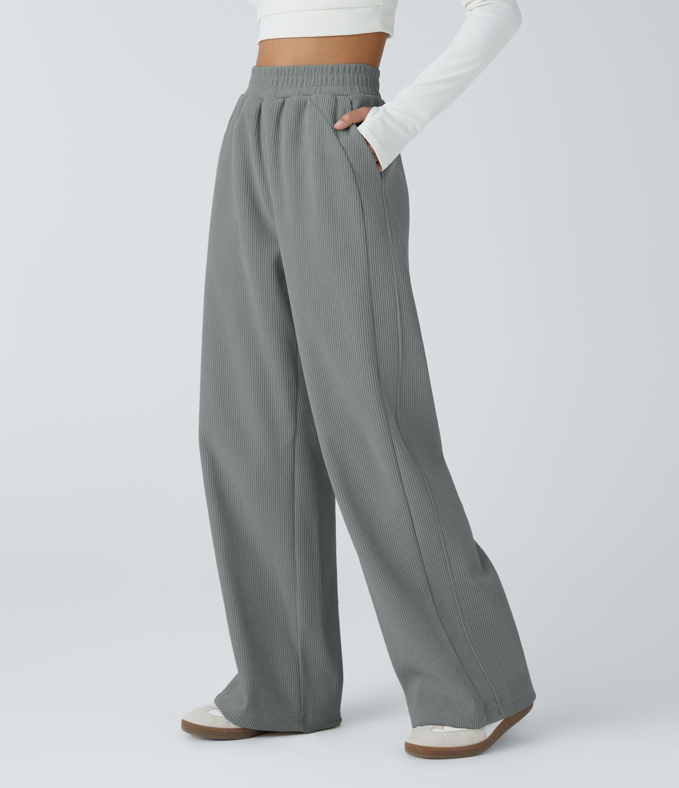 Pantalon velours côtelé de jogging décontracté à taille haute avec poches latérales