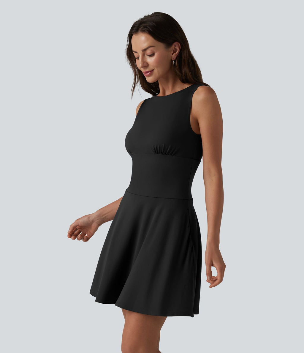 Robe mini évasée décontractée sans manches col bateau avec poches