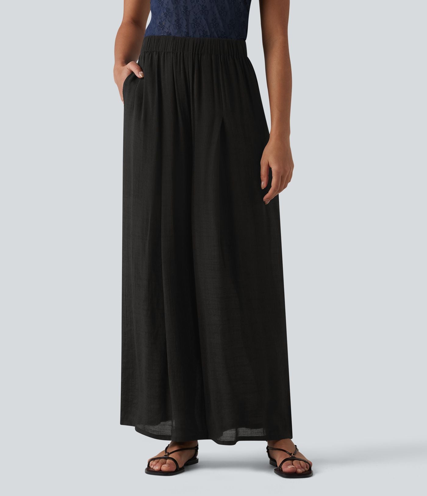 Pantalon large fluide décontracté taille haute aspect lin avec poches
