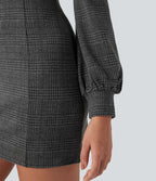 Robe courte col montant manches longues pied-de-poule carreaux