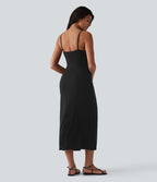Robe nuisette casual midi moulante côtelée à bretelles réglables avec boutons décoratifs et fente
