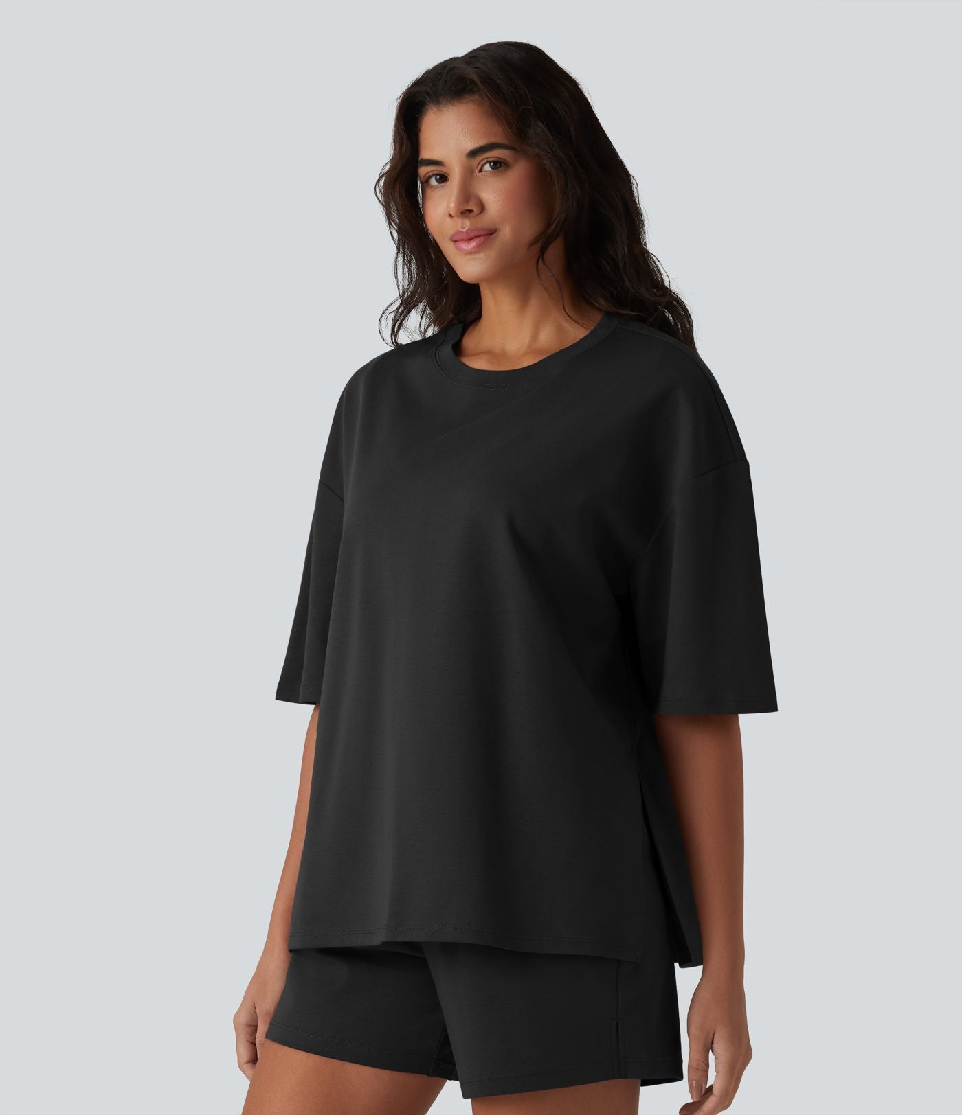 T-shirt décontracté en coton col rond manches mi-longues coupe ample à séchage rapide