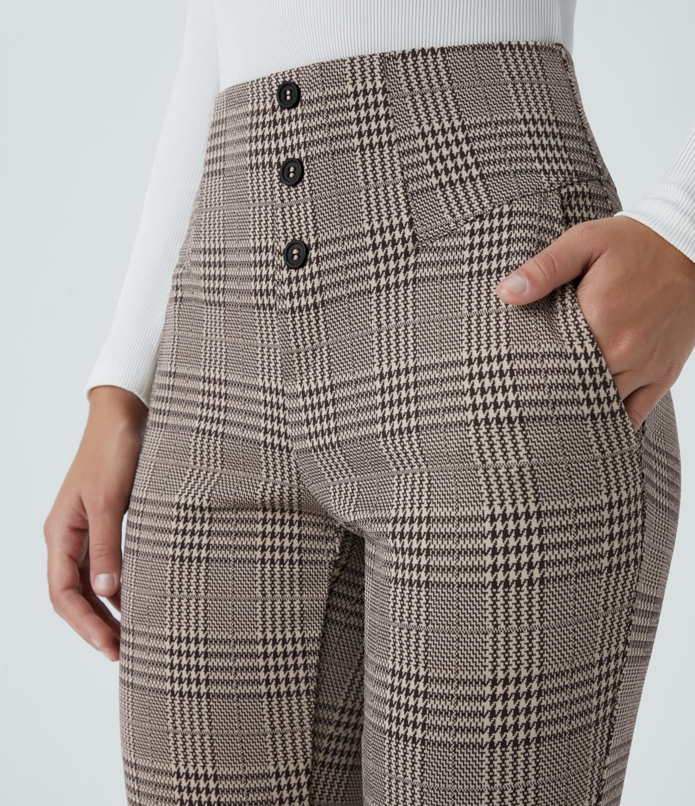 Halara Flex™ Pantalon tailleur Cintrés à Taille Haute avec Boutons Décoratifs Poches Latérales et Imprimé Pied-de-Poule