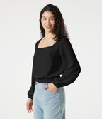 Blouse casual effet lin à col carré, manches bouffantes, lien au dos, empiècement en dentelle et détails froncés