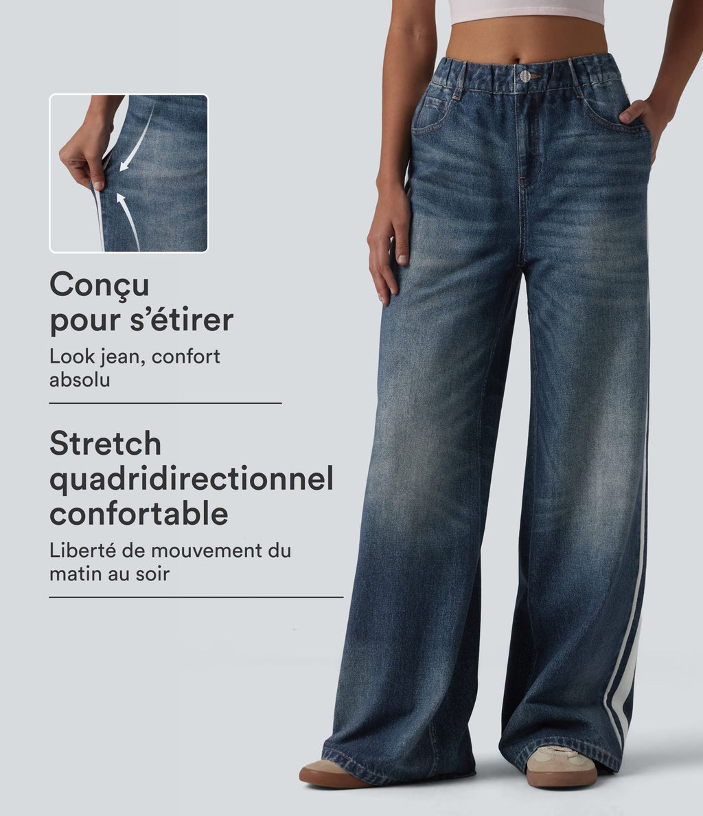 Jean de survêtement décontracté à rayures en tissu éponge français imprimé denim taille mi-haute avec poches