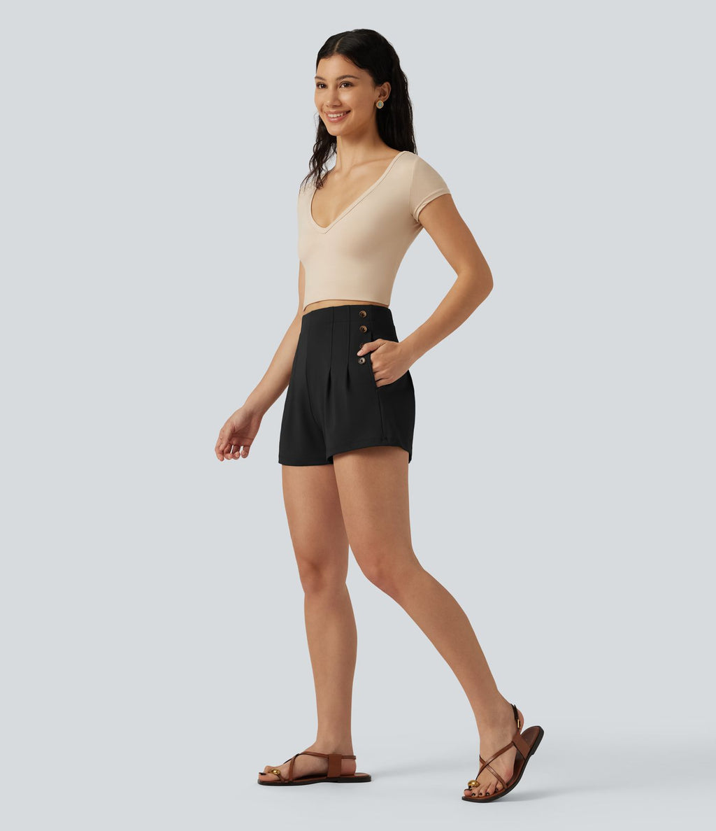 Short baggy taille haute DayStretch avec boutons décoratifs et poches, 7,5 cm