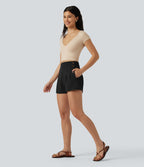 Short baggy taille haute DayStretch avec boutons décoratifs et poches, 7,5 cm