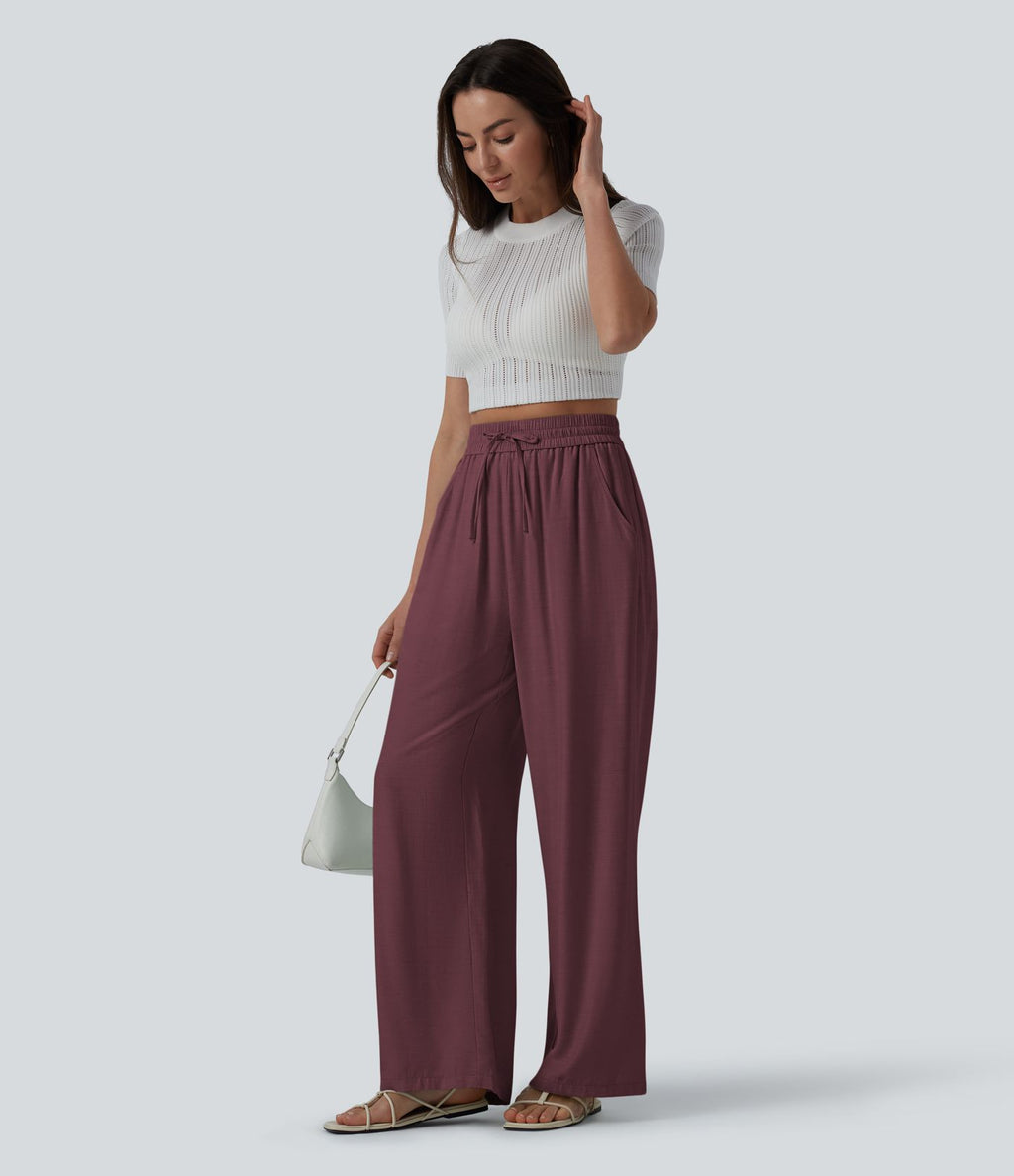 Pantalon casual large mélange lin taille haute avec cordon de serrage et poches