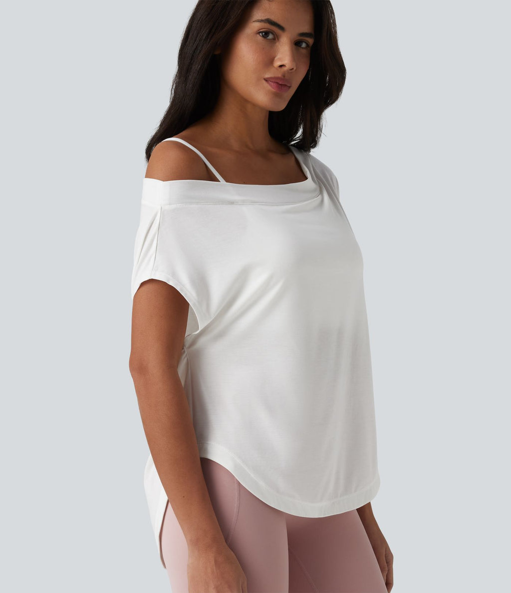 Top de yoga à une épaule, manches courtes, ourlet asymétrique et soutien-gorge intégré à séchage rapide
