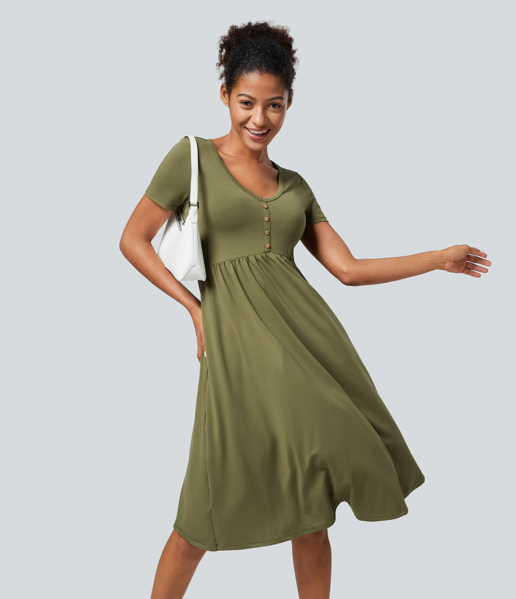 Robe Casual Midi Col en V Boutons Décoratifs Manches Courtes Poches Latérales et Plis