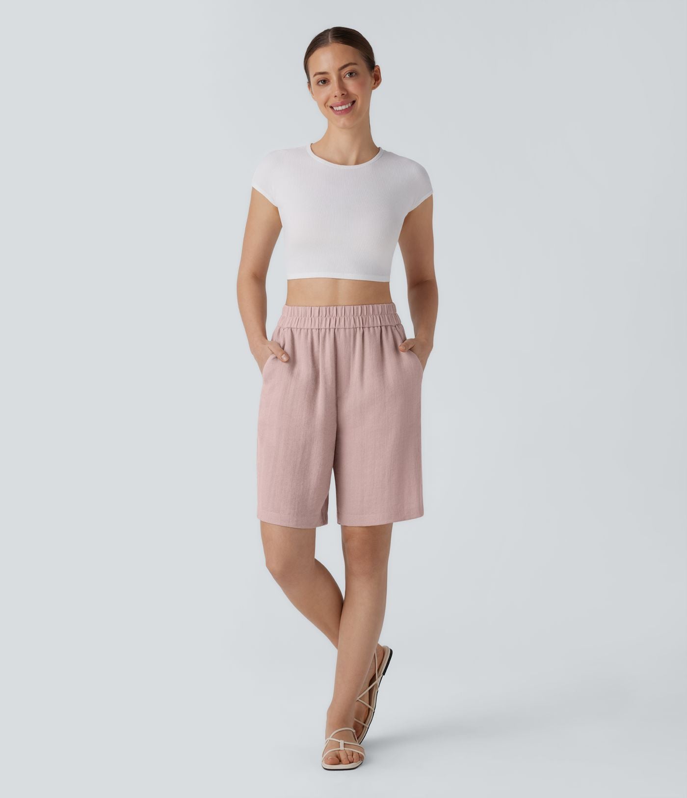 Short Bermuda Décontracté Taille Haute avec Poches Latérales