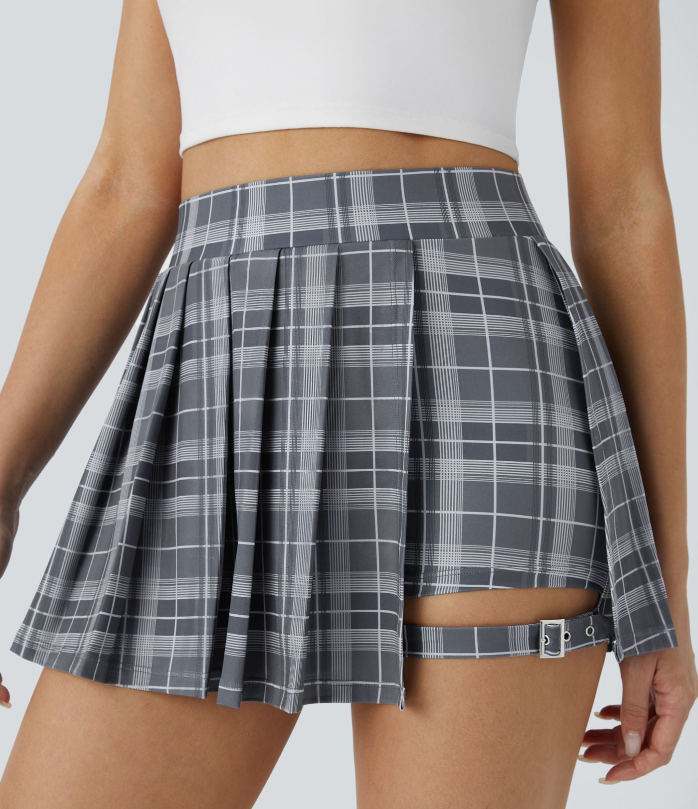 Mini-jupe décontractée 2-en-1 à carreaux, taille haute plissée, poche latérale et boucle ajustable