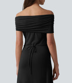 Robe casual maxi froncée à épaules dénudées avec lien noué dans le dos