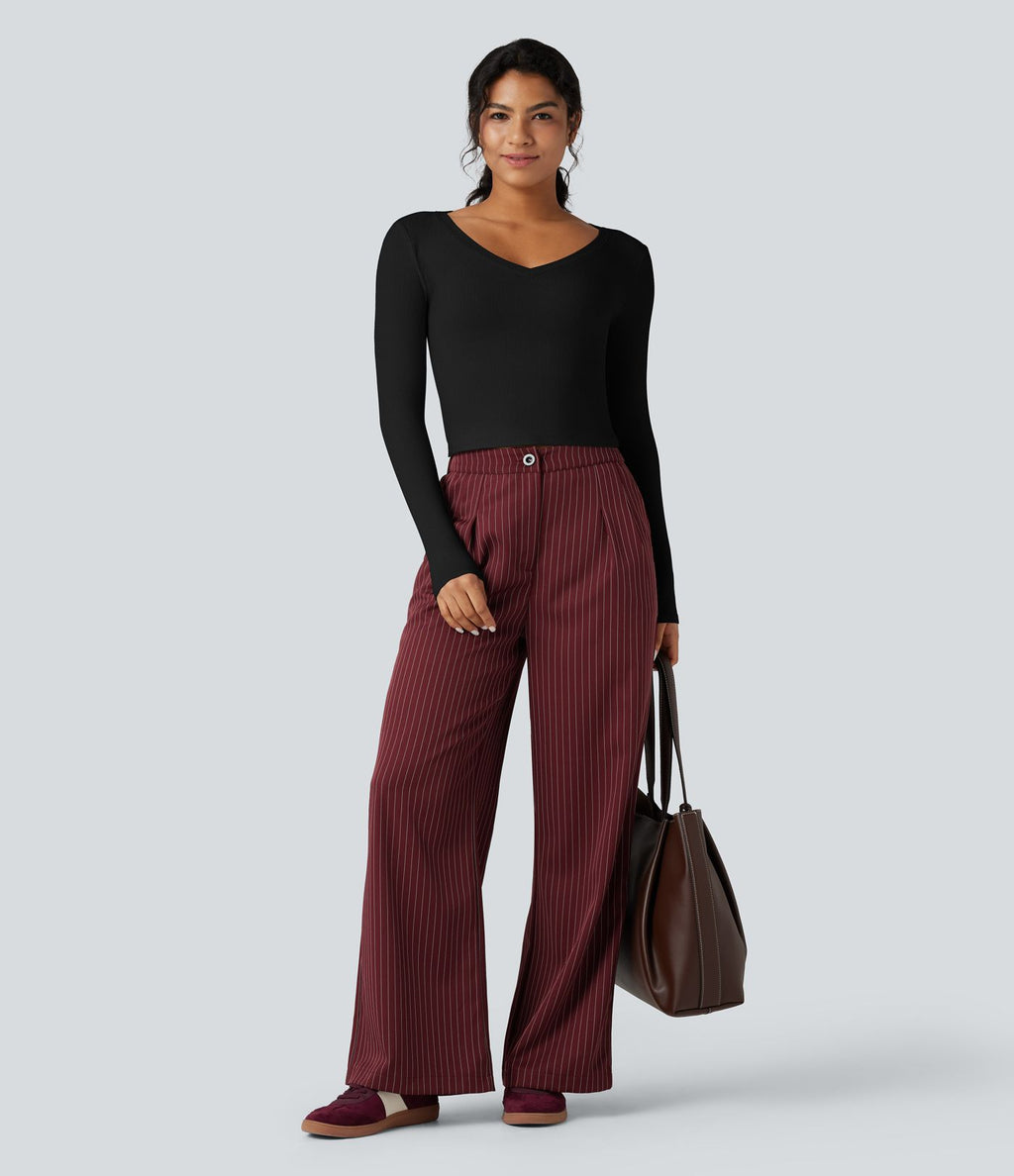 T-shirt tailleur côtelé court col V manches longues