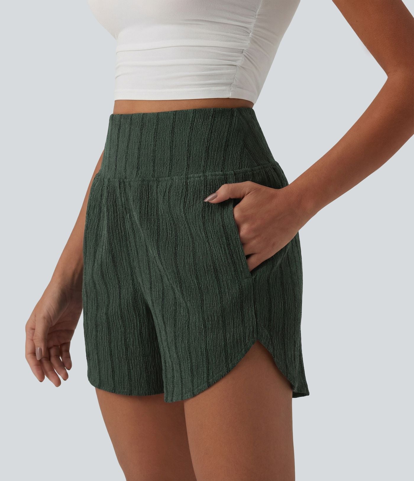 Short casual taille haute ourlet arrondi rayures avec poches