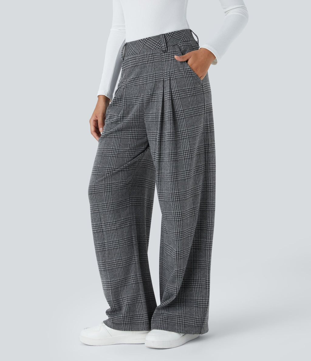 Pantalon taille haute décontracté large à carreaux, avec poches