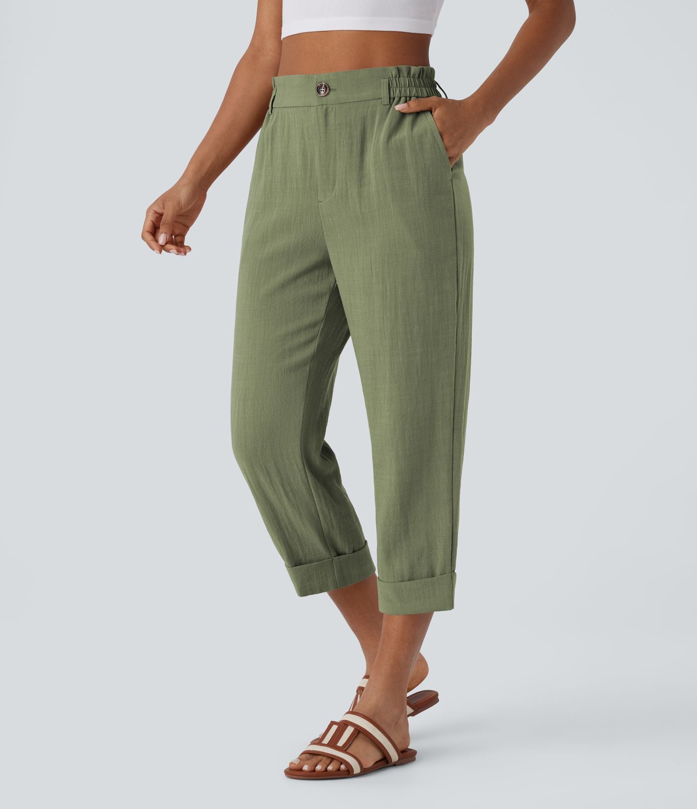 Pantalon capri effet lin taille haute avec poches zippées