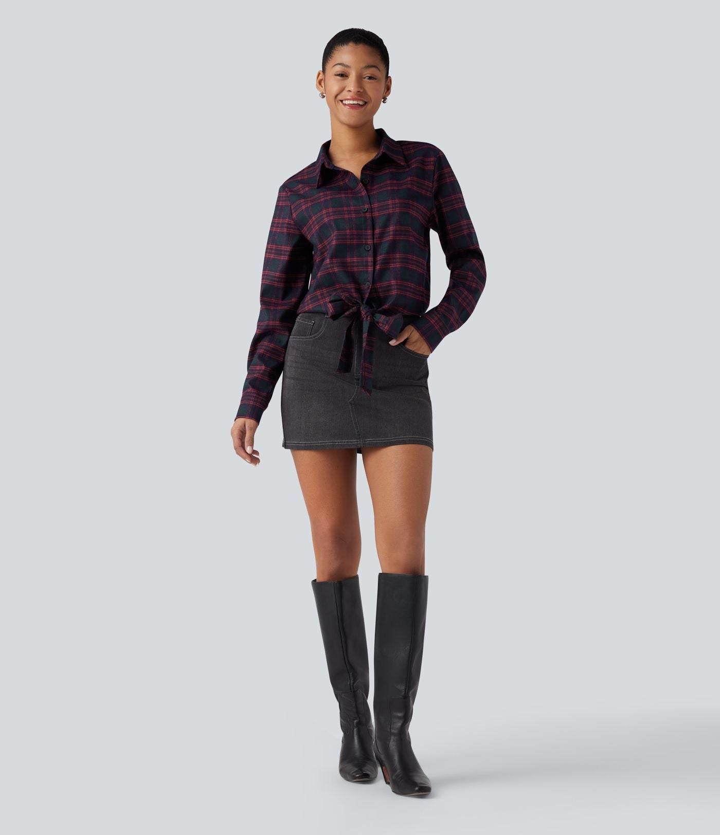 Chemise décontractée à carreaux, manches longues et nœud devant